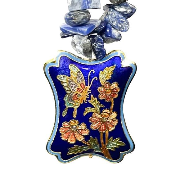 Vintage 70s Lapis Lazuli Necklace w/ Cloisonne Butterfly Pendant 15” Hand-Beaded - Picture 4 of 11